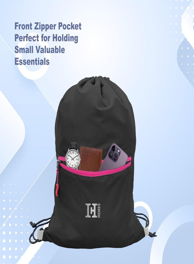 H-HEMES Drawstring Backpack Small Bag Gym Bag for Women & Men With Front Zipper Pocket 12L Dori Bag (Black & Pink) - Image 5